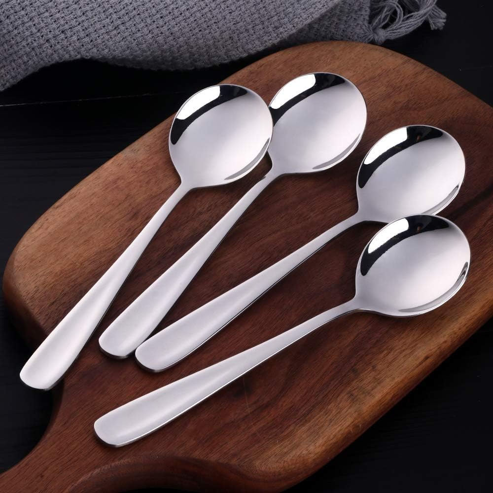7-Inch Soup Spoons  Baikai Bouillon Spoon 18/10 Stainless Steel Finished Table Dinner Spoons Set of 4 (Silver)