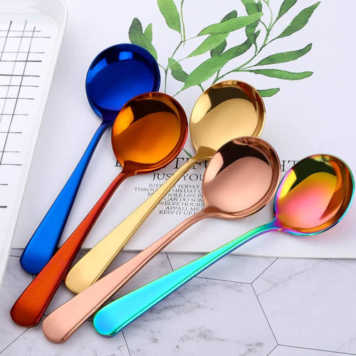 8 Piece Soup Bouillon Cereal Spoon QOBIMOON Stainless Steel Soup Spoons 6.2 Inch Round Bouillon Spoons Mixed Colors
