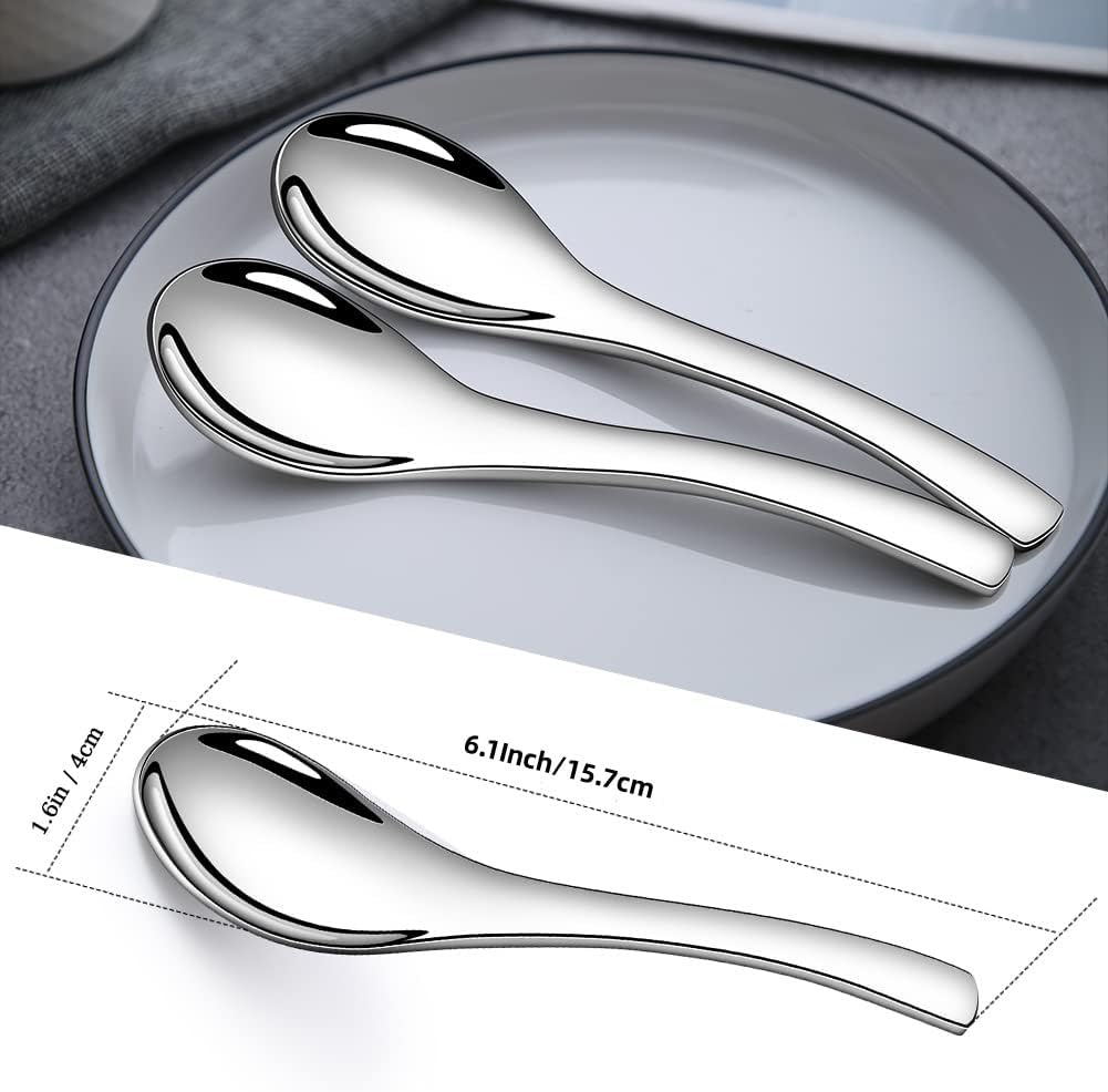 Stainless Steel Soup Spoons - 6 Inch Heavy Duty Asian Soup Spoon for Ramen  Rice  Tea  and Milk  Set of 4 Short Handle Ramen Spoons  Dishwasher Safe  Silver Chinese Table Spoon