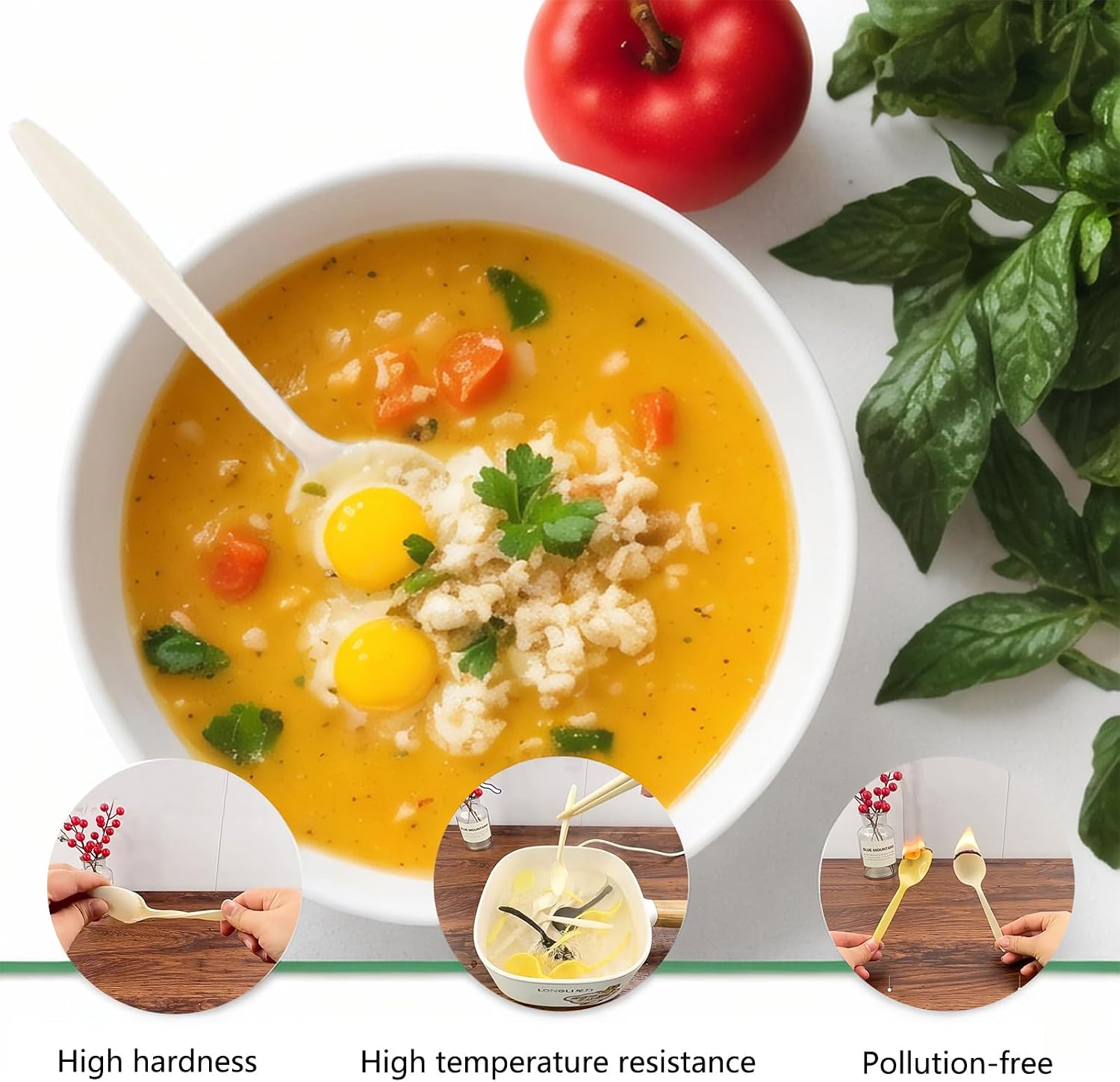 T Legend Eco-Friendly 50 Pack Cornstarch Soup Spoons  Ivory Large Capacity 5.3" Disposable Spoons for Hot Soup Milk Shake Salad etc.