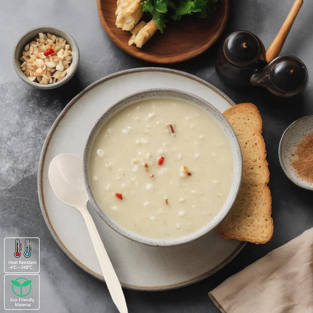 T Legend Eco-Friendly 50 Pack Cornstarch Soup Spoons  Ivory Large Capacity 5.3" Disposable Spoons for Hot Soup Milk Shake Salad etc.
