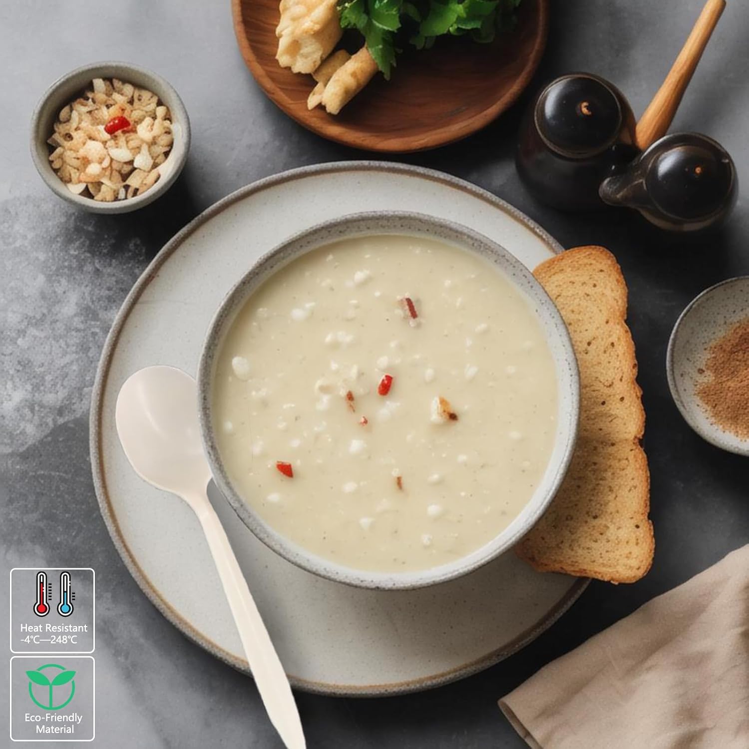 T Legend Eco-Friendly 50 Pack Cornstarch Soup Spoons  Ivory Large Capacity 5.3" Disposable Spoons for Hot Soup Milk Shake Salad etc.
