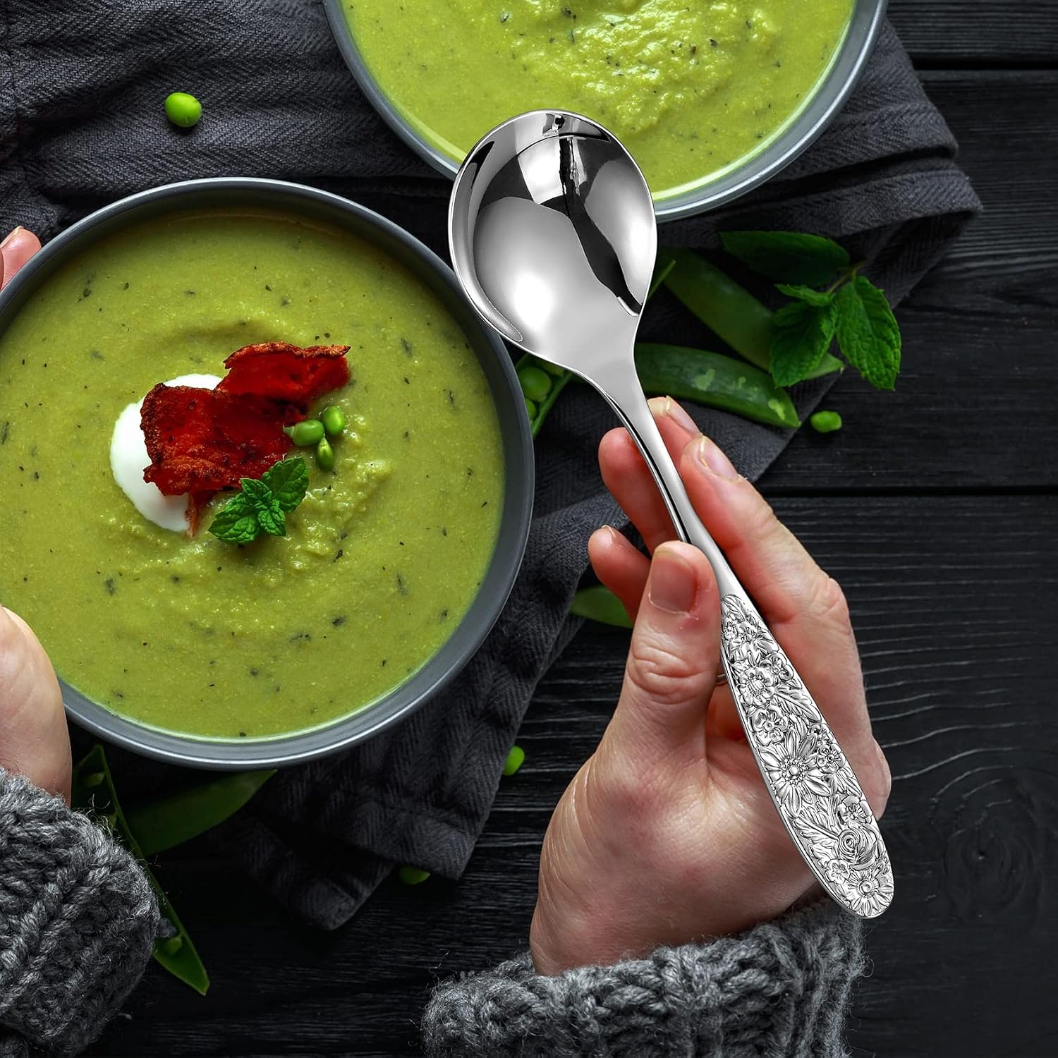 KEAWELL Sunflower Soup Spoon  Set of 4  18/10 Stainless Steel  Bouillon Spoon  Dishwasher Safe  Fine Mirror Polished