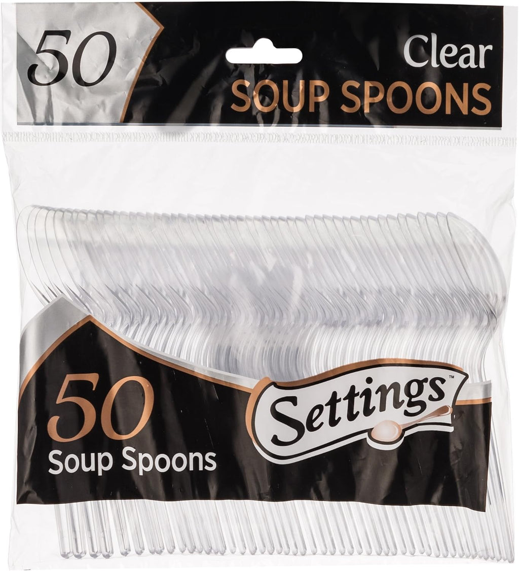[50 Count] Settings Plastic Clear Soup Spoons  Heavyweight Disposable Cutlery  Great For Home  Office  School  Party  Picnics  Restaurant  Take-out Fast Food  Outdoor Events  Or Every Day Use  1 Bag
